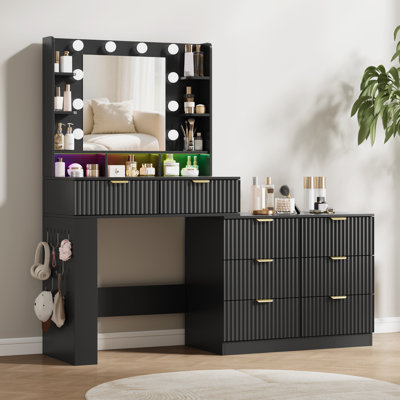 56"W Fluted Makeup Vanity With Lights and Mirror &  Charge Station