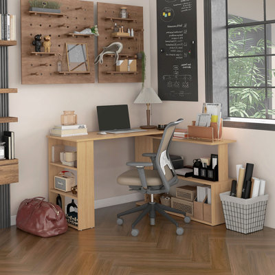 L Shaped Corner Desk, 360 Degree Rotating Home Office Desk With Storage Shelves, Writing Table Workstation, Maple