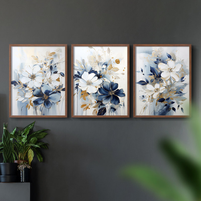Étude florale série XCII - ensemble de 3 estampes giclées encadrées - prêt à être accroché, Cadre noyer, H 10 po x l 8 po