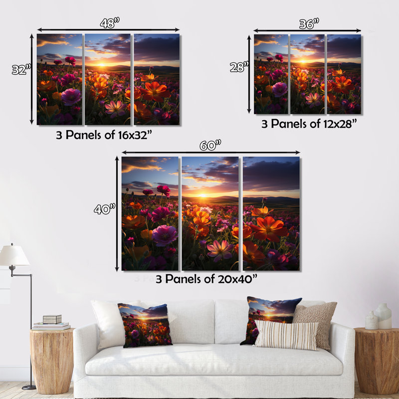 Coucher de soleil sur les champs de fleurs sauvages sur toile, reproduction de 3 pièces, H 32 po x l 48 po x P 1 po