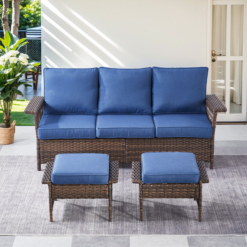 3 Piece Rattan Sofa Seating Group With Cushions, Blue