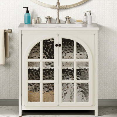 Meuble-lavabo de 31 po de style maison de campagne avec lavabo en céramique, finition vieillie, poignées en bronze, 2 portes à fermeture en douceur, blanc antique