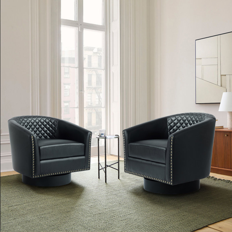 Bennett Upholstered Black Faux Leather Tufted Barrel Small Swivel Chair with Nailhead Trim, Black Faux Leather