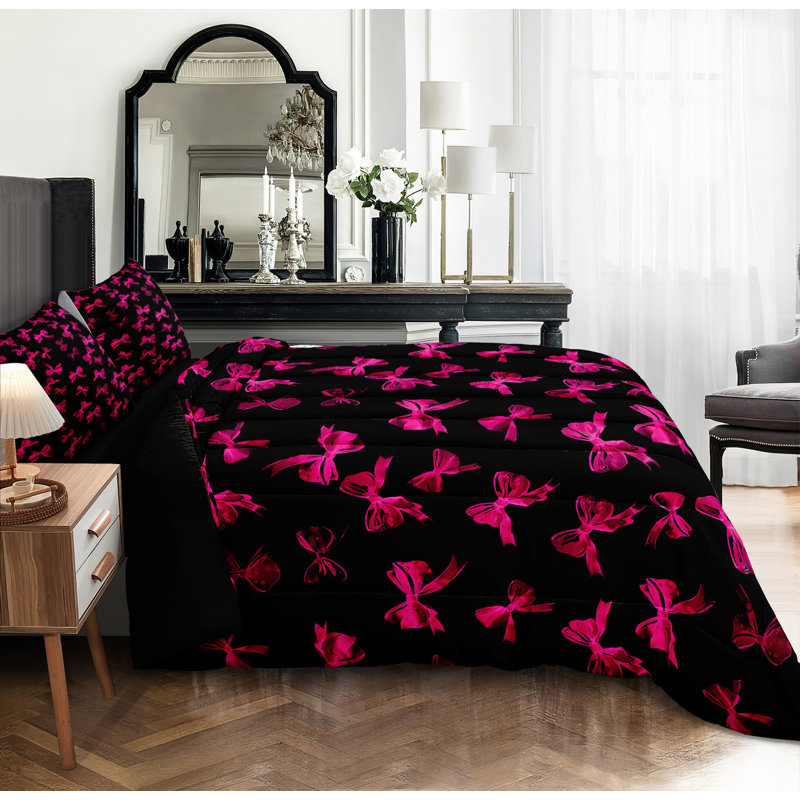 Ensemble d'édredon à motif de nœuds roses 4 pièces, Queen Comforter + 3 Pillowcases, Rose millennial