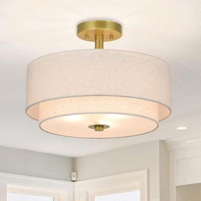 3 Light Semi Flush Mount Ceiling Light Gold Brass Fabric Drum Shade 16 Inch Retro Close To Ceiling Fixture For Bedroom Living Room