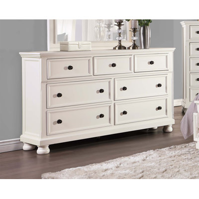Commode 7 tiroirs de style transitionnel avec plateau à bijoux, mobilier de chambre traditionnel en bois pour un rangement élégant