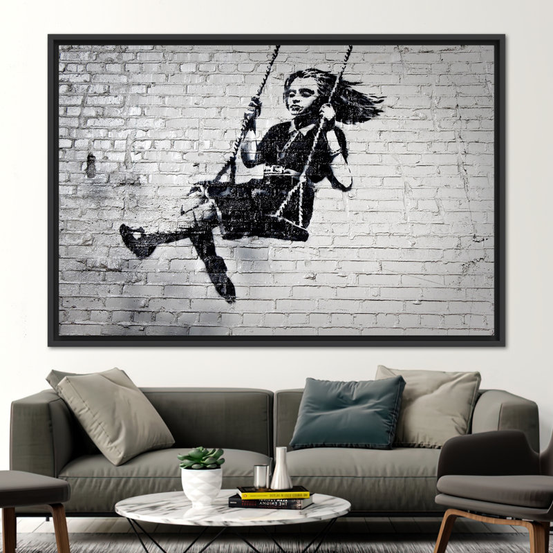 Grand art mural 3D inspiré de Banksy avec fille sur balançoire - Street Graffiti, affiche sur toile, H 41 po x l 94 po, Noir