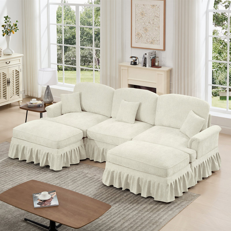 Élégant canapé Mid-Century 3 places avec 2 repose-pieds, Beige