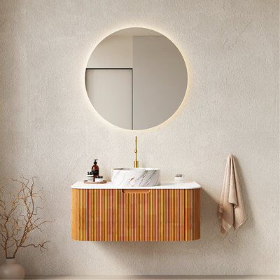 Meuble-lavabo de salle de bain 36 po, meuble de rangement mural rayé à bords arrondis avec tiroirs, lavabo rond en céramique blanc avec motif de pierre, pré-assemblé, couleur grain de bois naturel