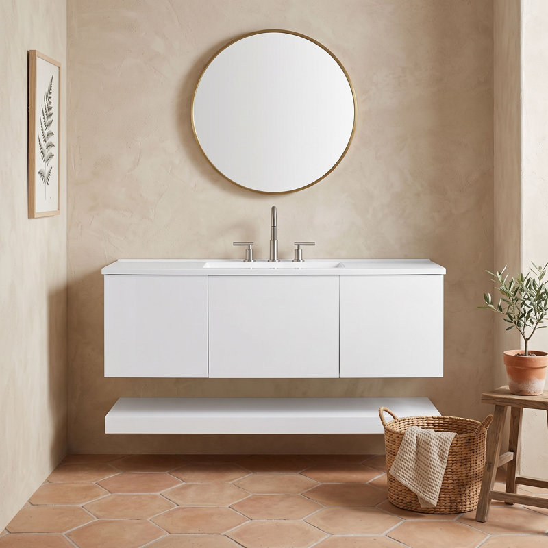 Meuble-lavabo mural avec lavabo, 3 tiroirs et tablette inférieure ouverte