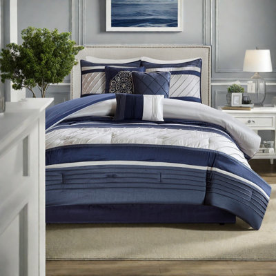 Elegant 7 Piece Bedding Sets, Faux Silk Polyester, Navy Pintuck Design For All Seasons