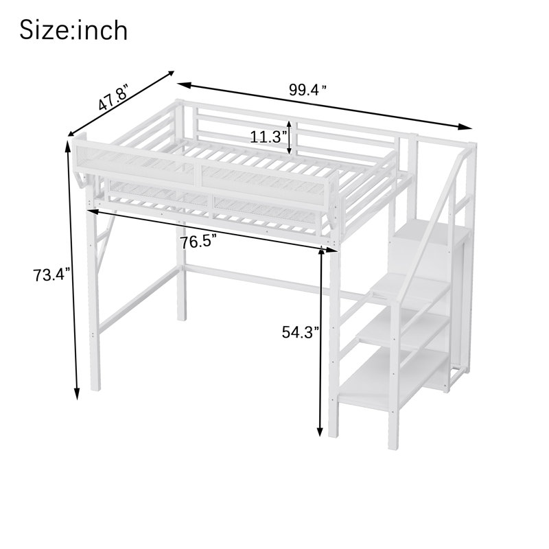 Twin XL Size Loft Bed with Stairs, Metal Full Loft Bed with Storage Shelves, High Loft Bed with Wardrobe for Kids Teens,White