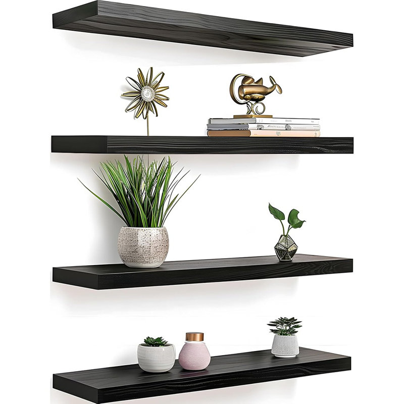 Black Wood Floating Shelves For Wall Rustic Wall Shelf For Bedroom Living Room Set Of 4
