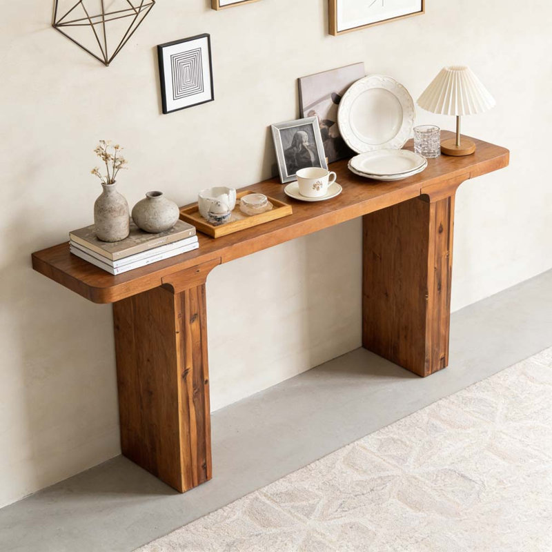 Table de 60 po pour le hall d'entrée avec grand comptoir et canapé minimaliste avec placage d'acacia, Naturel