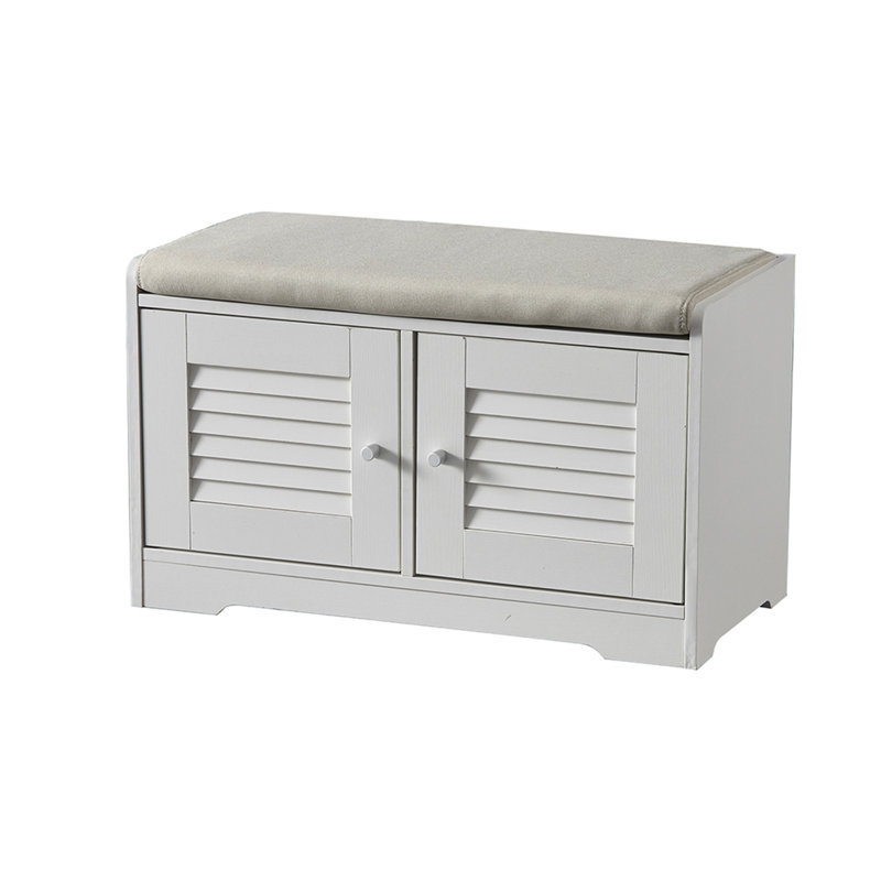 Banc de rangement à chaussures blanc 28,74 po avec coussin, armoire à 2 portes avec tablettes réglables, banc à chaussures pour couloir ou vestibule