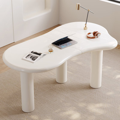 Abishan 65.98" Irregular Dining Table Modern Cream White Indoor Kitchen Table with three Legs ,Modern Executive Desk,Work Desk