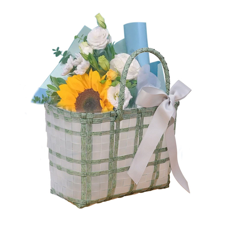 Clear Plastic Woven Tote Beach Bag, Stylish Vegetable Basket, Teacher Thank You Gift Flower Wrap Bag, Ribbon Tote Bag For Work