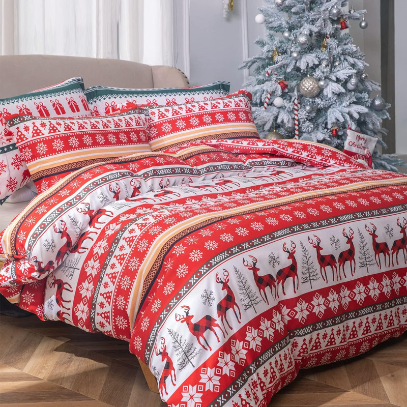 Deer Snowflake Lightweight Microfiber Christmas Duvet Cover Set 3 Pieces, Queen Duvet Cover + 2 Queen Pillow Shams