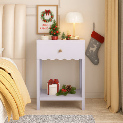 Modern Nightstand with Drawer and Open Shelf,Scalloped Edge Bedside Table for Bedroom, Cute Minimalist Side Table for Kids Room or Girls' Room,Light Purple