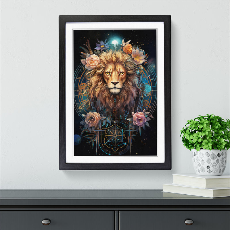 XYZ-FRM-V1223-4152 Leo Zodiac Informel - Single Picture Frame Print on Wood, Black, 64cm H x 46cm W x 2cm D