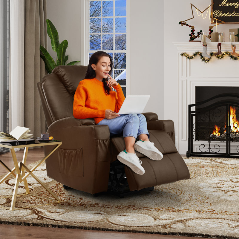 33" Wide Leather Power Recliner with Heated Cushion, Brown Faux Leather