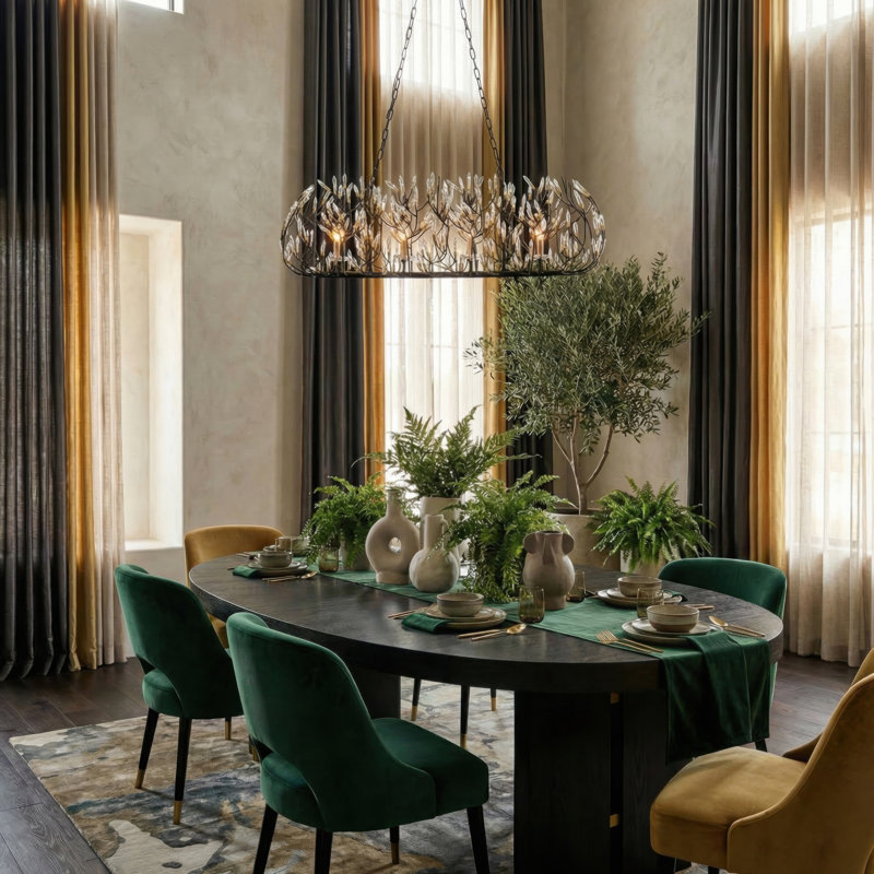 Bask Crystal Linear Pendant - 36"W - Matte Black/French Gold, 6