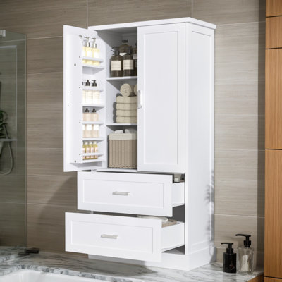 64" High Freestanding Tall Bathroom Storage Cabinet With 2 Drawers And 2 Drawers, Adjustable Shelf, MDF Board, White