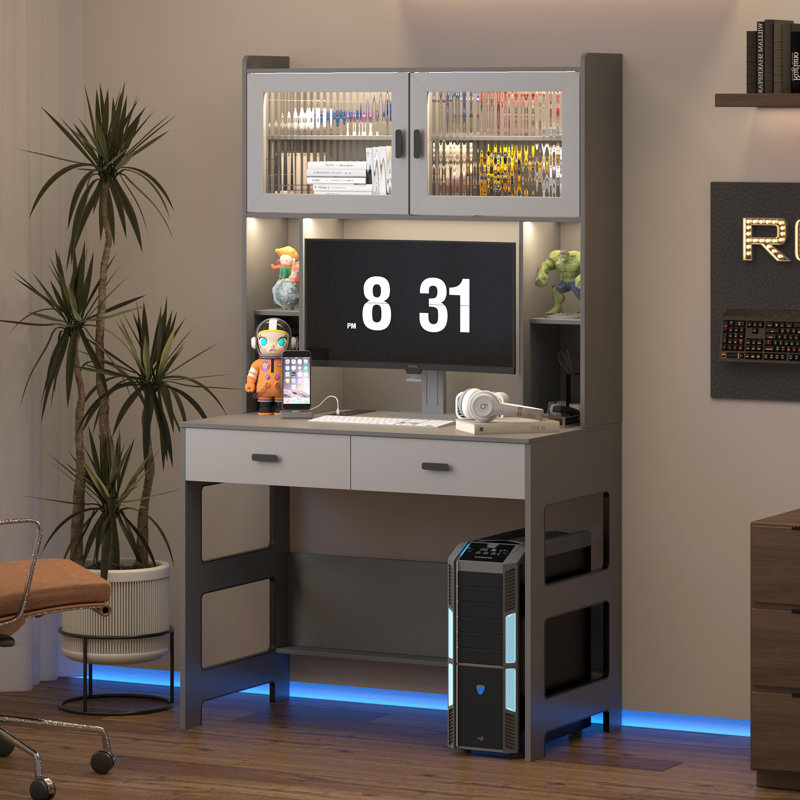 Shona 40'' W Rectangle Computer Desk with Hutch and Cabinet, Dark Gray/Light Gray