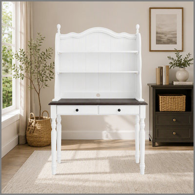 Mid-Century Desk with 2 Drawers and Storage Shelves, Vintage Vanity Desk Computer desk, Wood Dressing Table, Home Office Study Workstation Table for Bedroom, Living Room, Small Space, White+espresso