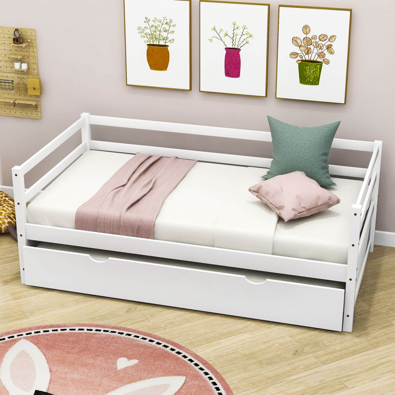 Twin Wooden Daybed with Twin Size Trundle, White