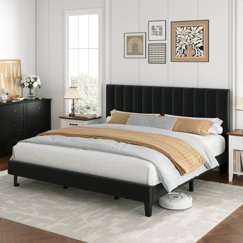 King Size Black Suede Upholstered Platform Bed Frame with Adjustable Tufted Headboard, Sturdy Wooden Slats, Noise-Free, No Box Spring Needed, Easy Assembly - Black