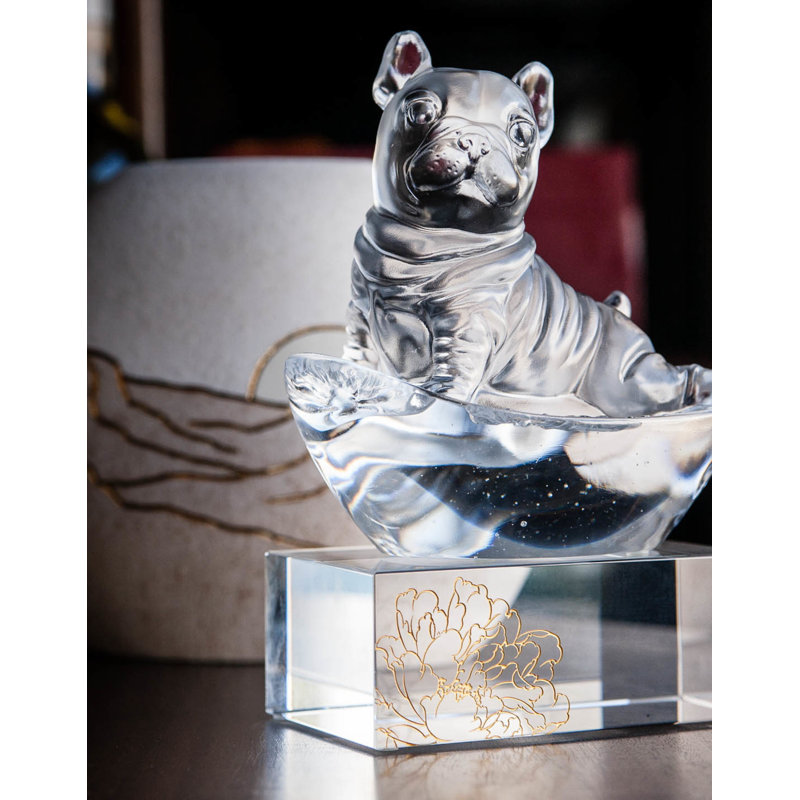 LIULI Crystal Animal, Year of the Dog | Heads Up! (Exclusive U.S. Edition with Gilded Peony Display Base)