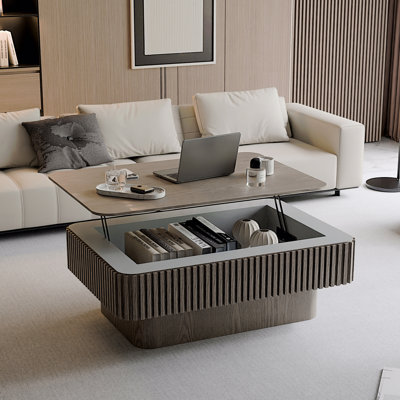 Table basse à plateau relevable cannelé de 38,6 po avec rangement et table basse moderne en placage de bois massif à hauteur réglable