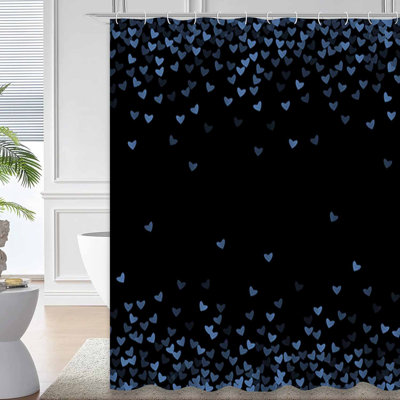 Heart Blue Modern Style Black Shower Curtain with 12 Hooks