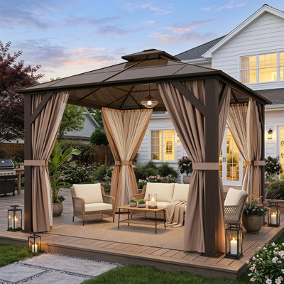 Pavillon de jardin à toit rigide de 10 pi x 10 pi avec double toit en polycarbonate LAUSAINT MAISON Pavillon d'extérieur à cadre en métal robuste avec filet et rideau, pavillon de patio permanent pour la cour, la pelouse et la terrasse, brun