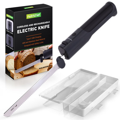 Couteau électrique sans fil Nutrichef | Fonction de sécurité marche / arrêt facile à utiliser | Couteau de cuisine léger | Carve - dinde, viande, volaille, pain et fromage | Lames en acier inoxydable de 11,42 po