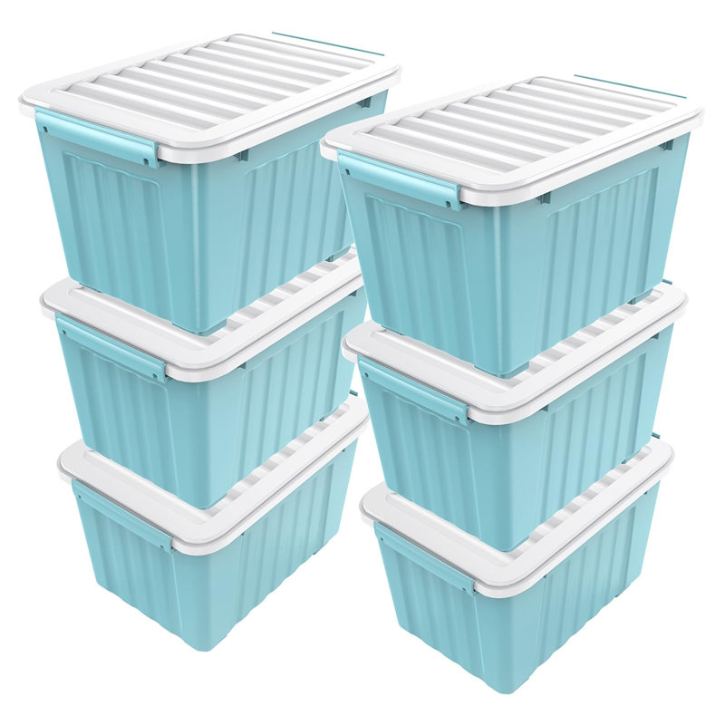 Blue 72 Quart Stackable Plastic Storage Bins with Lids, 6-Pack