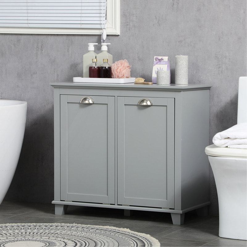 Tilt-Out Laundry Sorter Cabinet, Bathroom Storage Organizer With Two-Compartment Tilt-Out Hamper, Gray