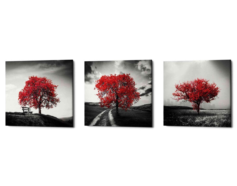 «Vibrant Tree Series: Ruby Triptych (Ensemble de 3)», art mural sur toile, H 18 po x l 54 po