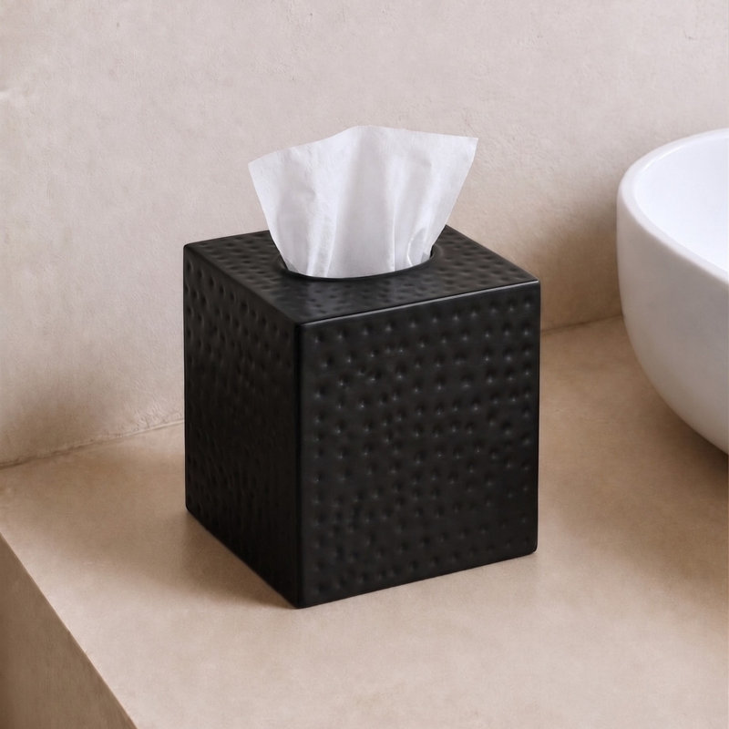 Hand Hammered Metal Tissue Box Cover, Matte Black