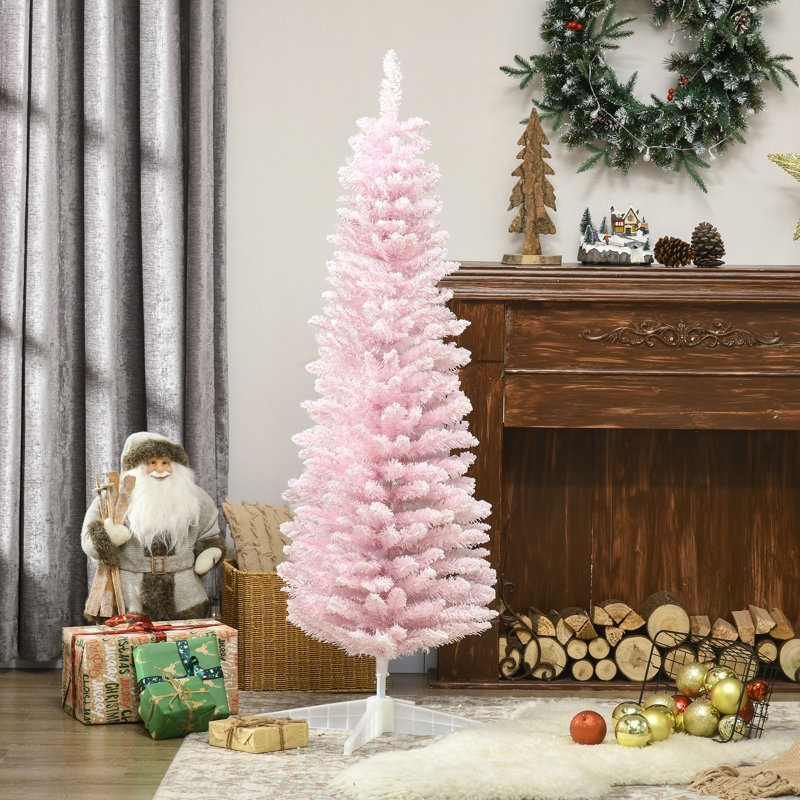 5' Decorated Christmas Tree Snow Flocked Artificial Christmas Tree With Pencil Shape, Realistic Branches, Pink, 5' H, Pink
