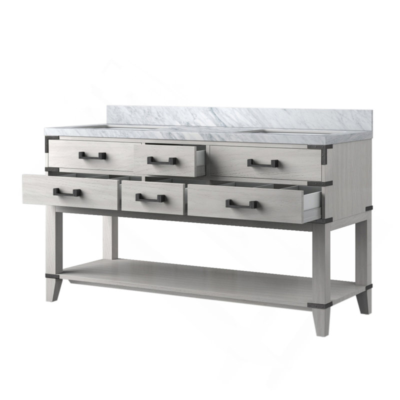 Meuble-lavabo double en chêne blanc 60 po X P 22 po D, avec plateau en marbre de Carrare