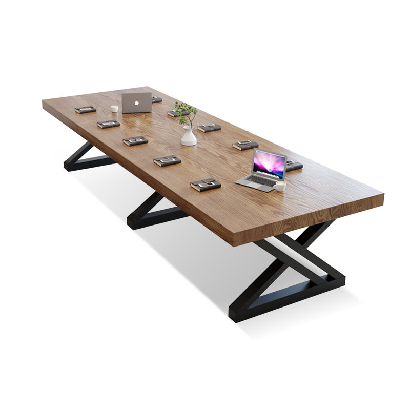 Nut-brown + Black Rectangular Solid Wood + Iron Conference Table, 29.53" H x 110.24" L x 39.37" W