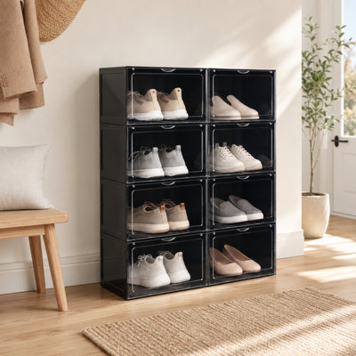 8 Pack Large Clear Plastic Stackable Shoe Boxes with Drop Side, Fits Size 13, Black Container for Sneaker Storage