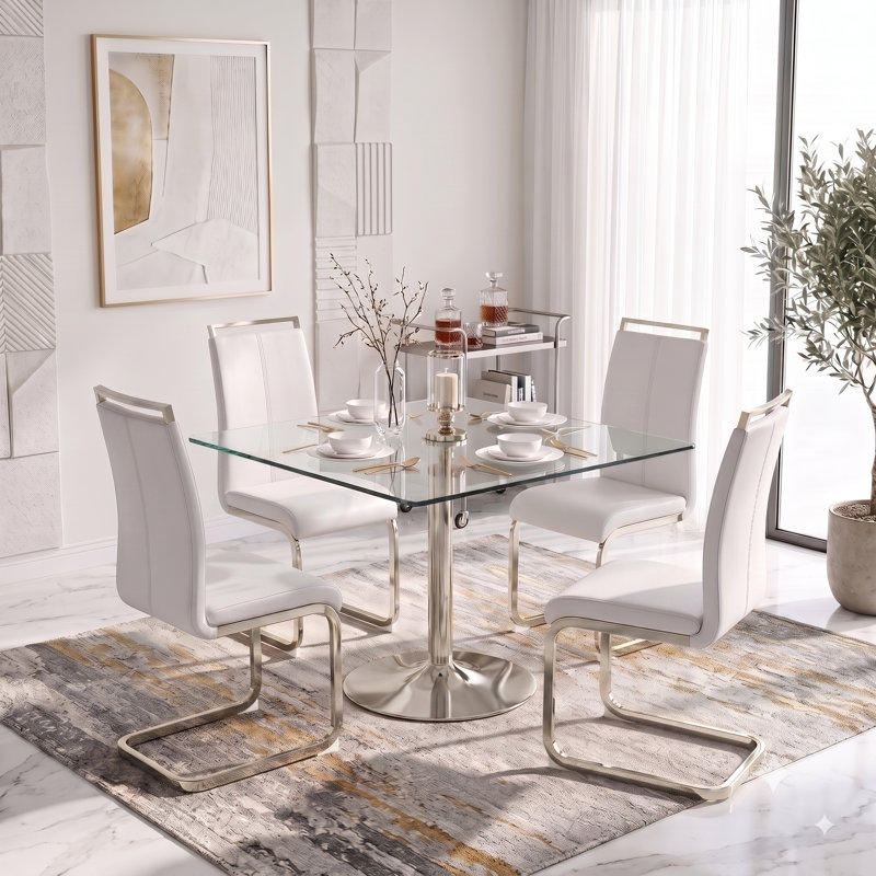 Ensemble de table de salle à manger 5 pièces pour 4 personnes, ensemble de salle à manger carré en verre avec chaises en similicuir