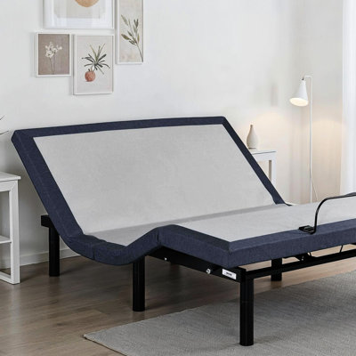 Très grand lit réglable, mouvement complet de la tête et des pieds, rappel par touche unique, mémoire programmable, télécommande avec lampe de poche intégrée, robuste, pli central, 3 pieds, base de lit en acier bleu gris