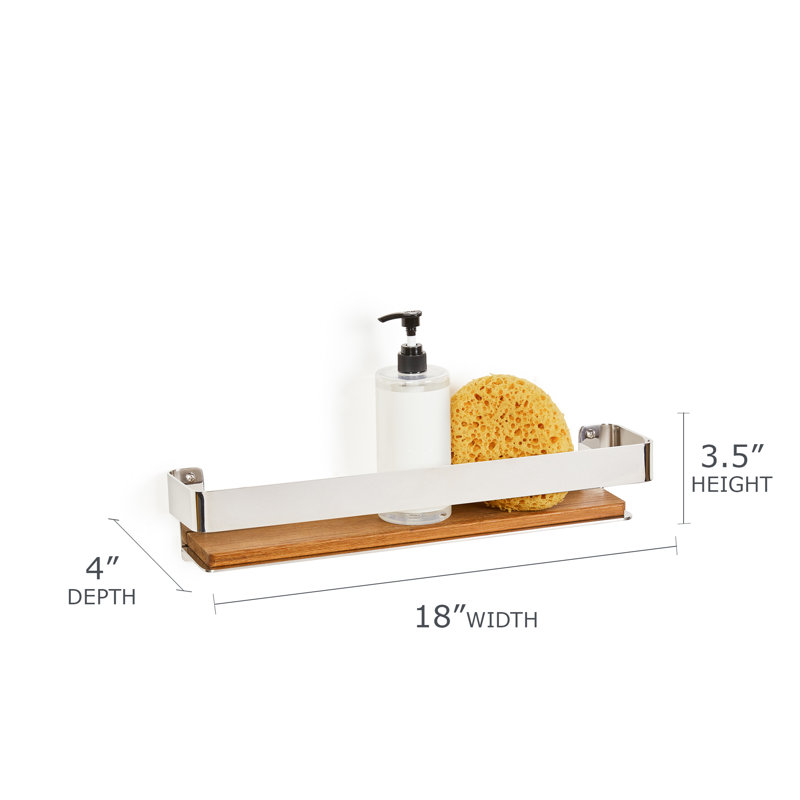 Clet Wall Mount Stainless Steel Teak Wood Rectangular Bathroom Shelf, Polished