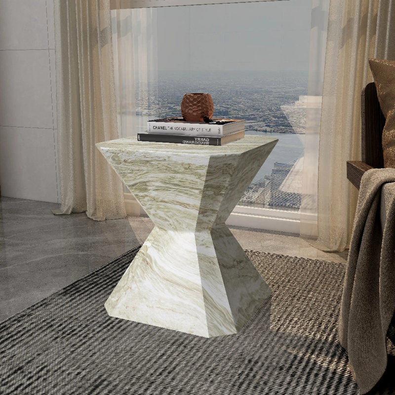 Chlora 17" Modern Geometric Hourglass End Table, Weatherproof Concrete Look Patio Side Table & Drum Nightstand, Marble Green