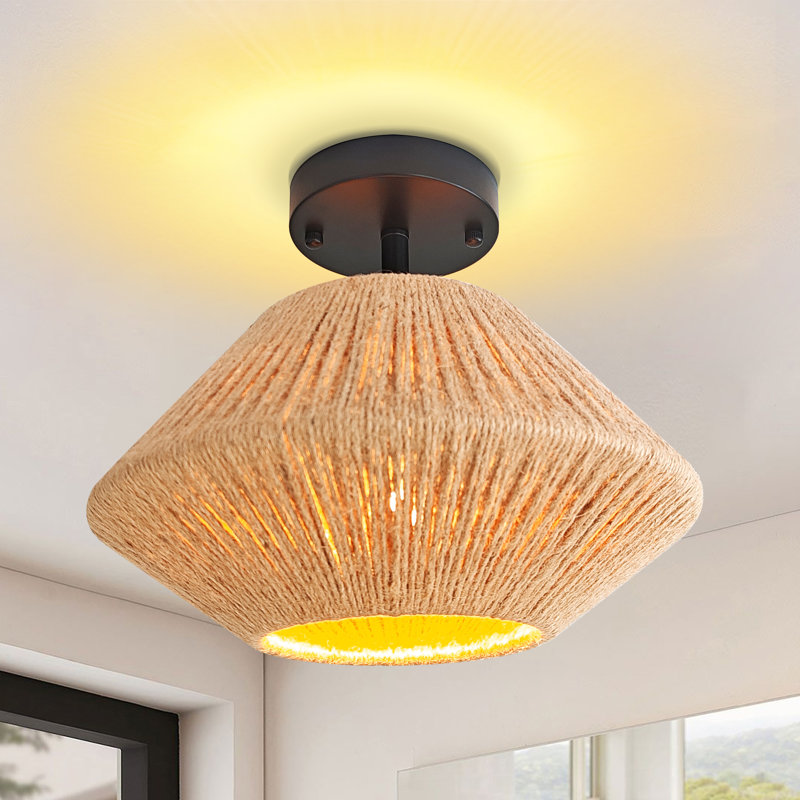 Boho Rattan Semi Flush Mount, Hand-woven Chandelier For Bedroom, Living Room, Porch