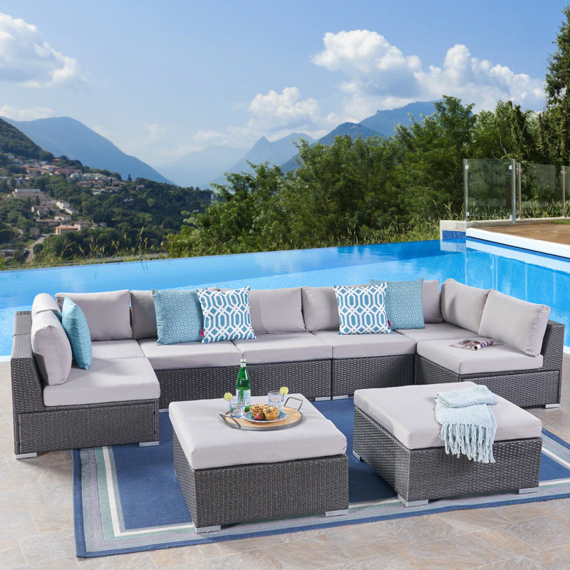 7 - Person Patio Conversation Set with Cushions, Gray Frame / Silver Cushion